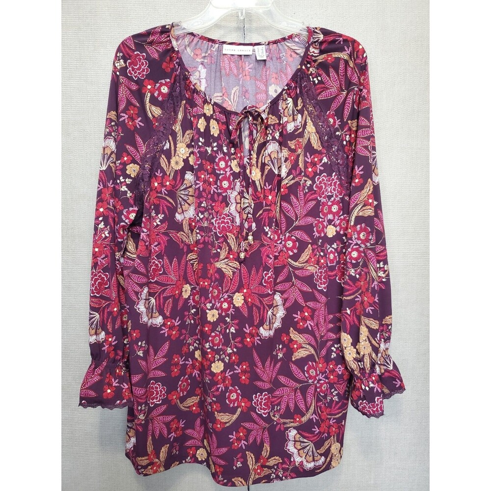Susan Graver LiquidKnit Paisley Tie-Neck Smocked Cuff Lace Accent Tunic Size 1X